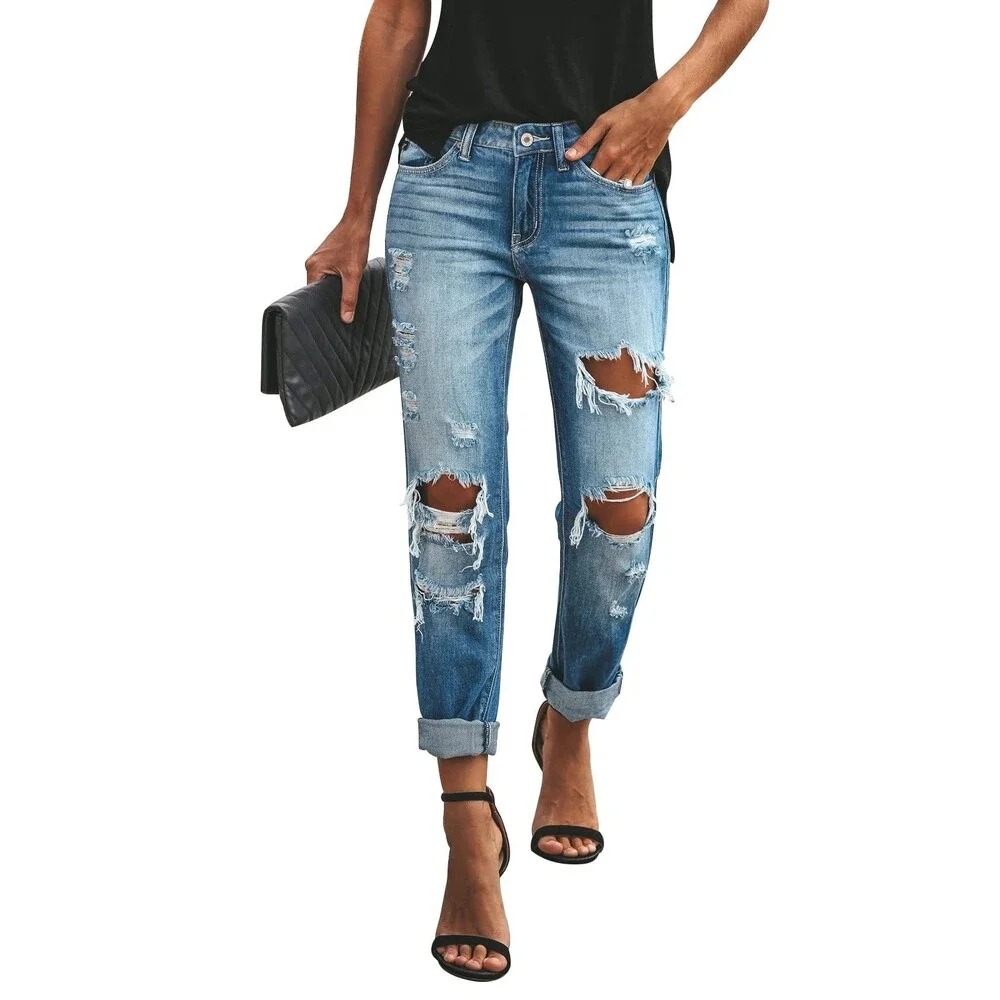 KUNMI Women's Ripped Mid Waisted Boyfriend Jeans Loose Fit Distressed Large - Picture 1 of 5